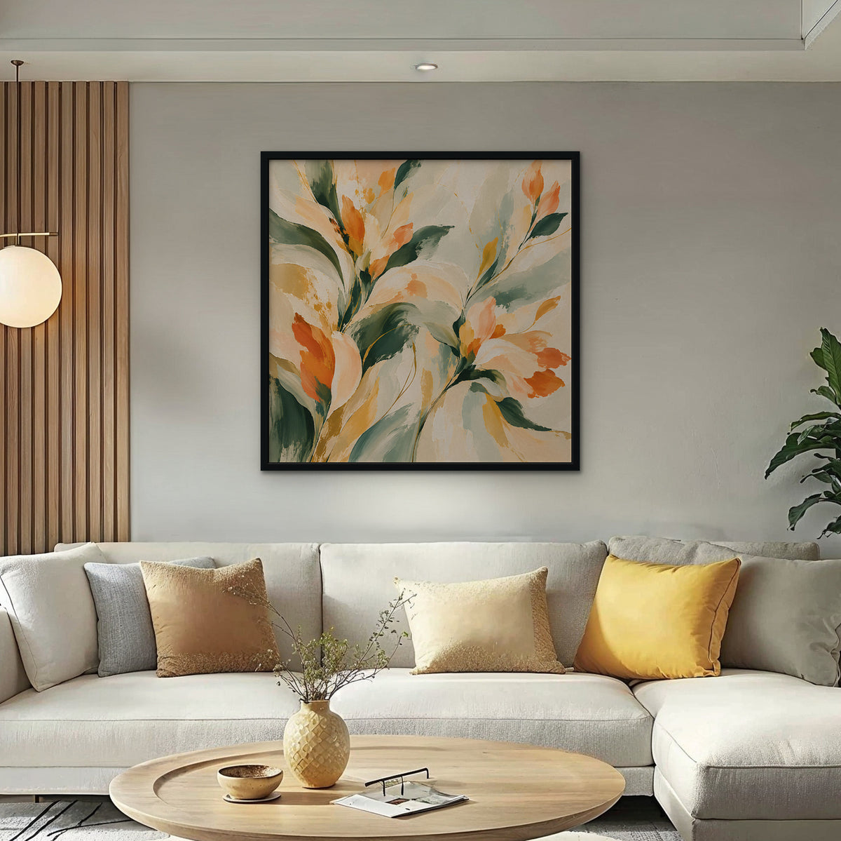 Peach and Sage Blossoms Canvas Art - Square – Black Floating Frame in room setting