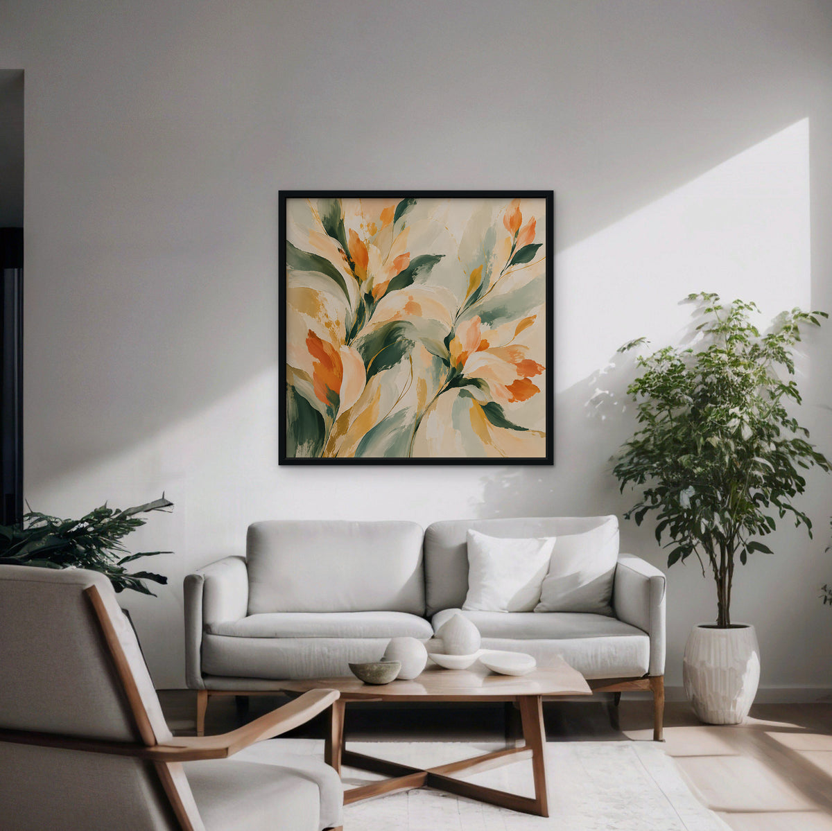 Peach and Sage Blossoms Canvas Art - Square – Black Floating Frame in room setting