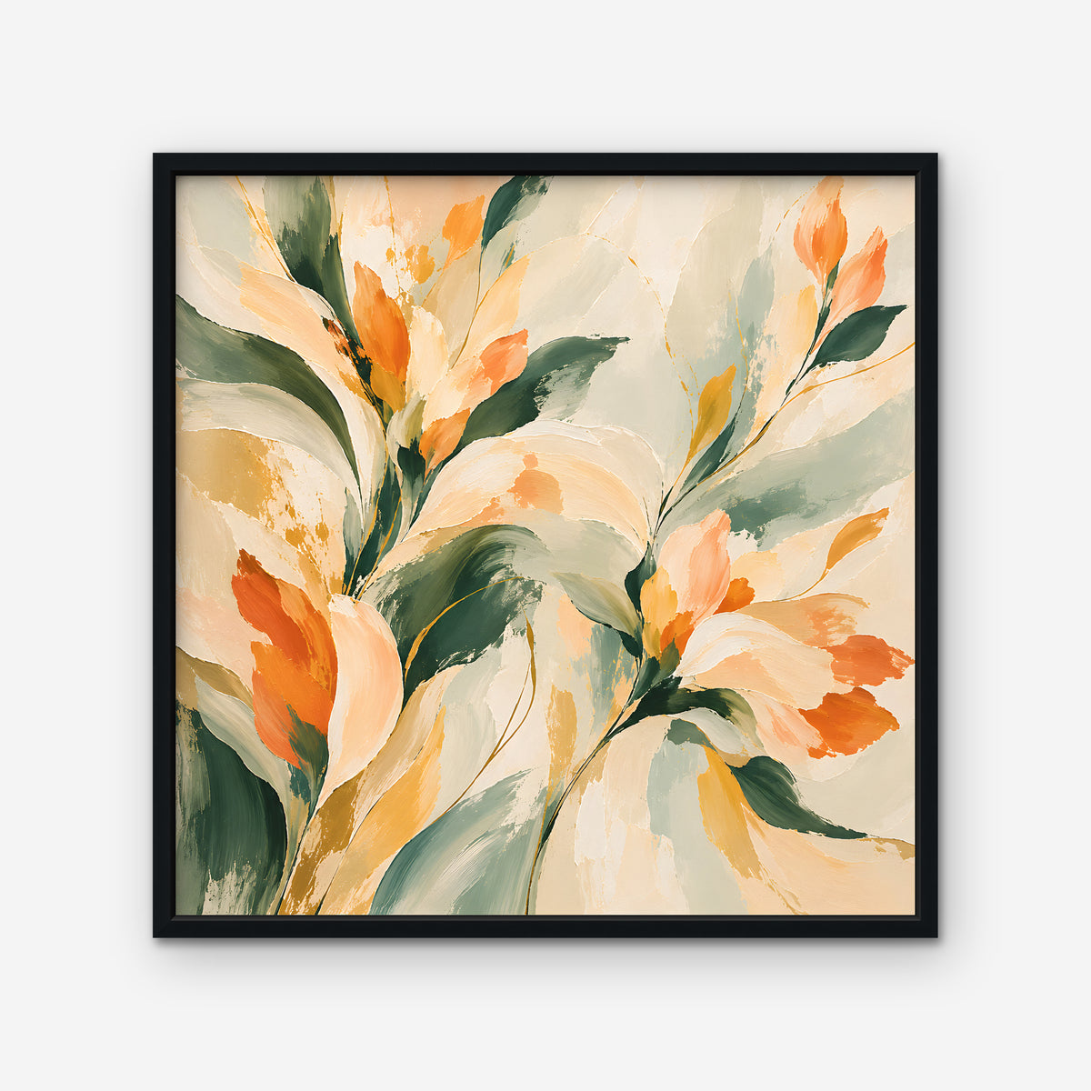 Peach and Sage Blossoms Canvas Art - Square – Black Floating Frame on white background