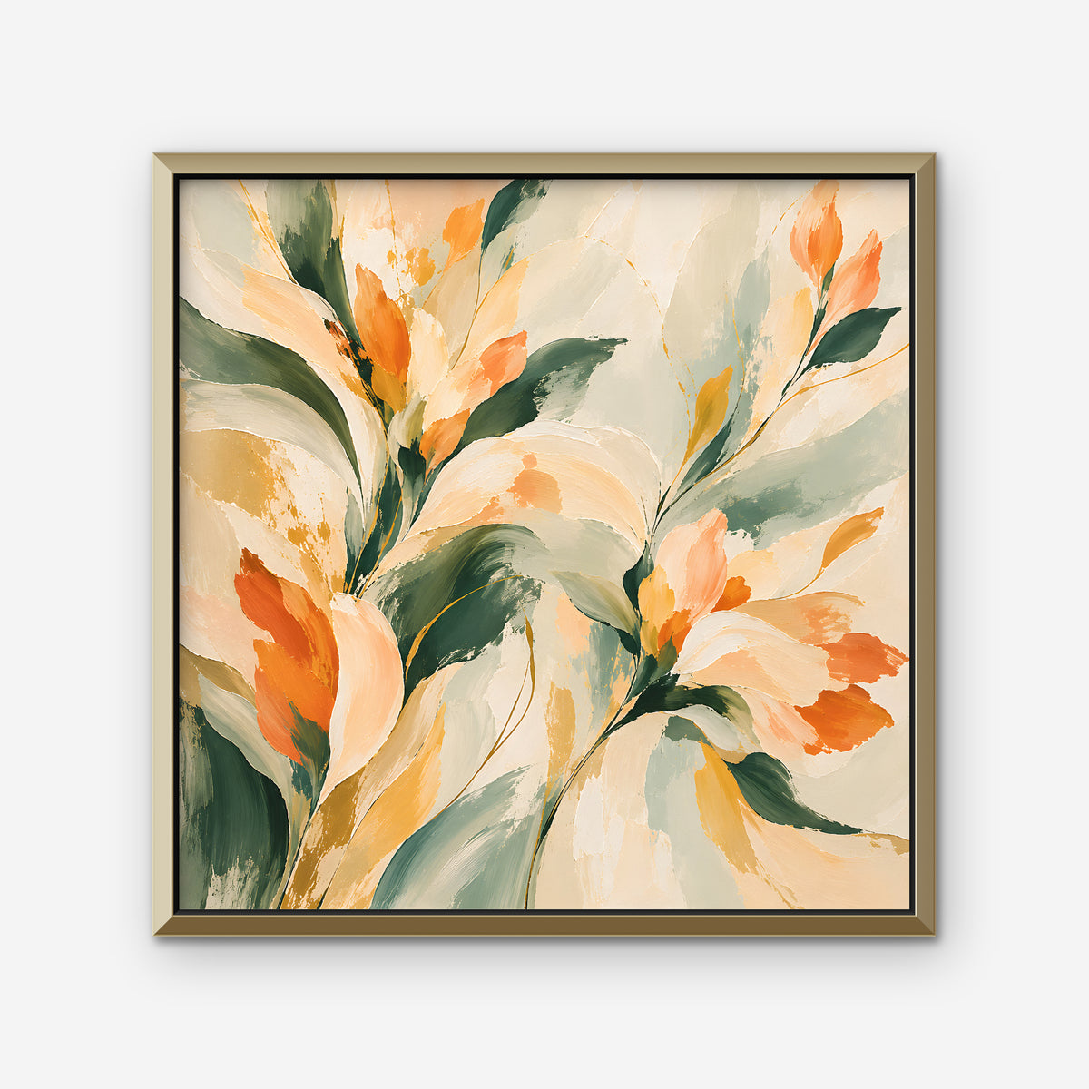 Peach and Sage Blossoms Canvas Art - Square – Gold Floating Frame on white background
