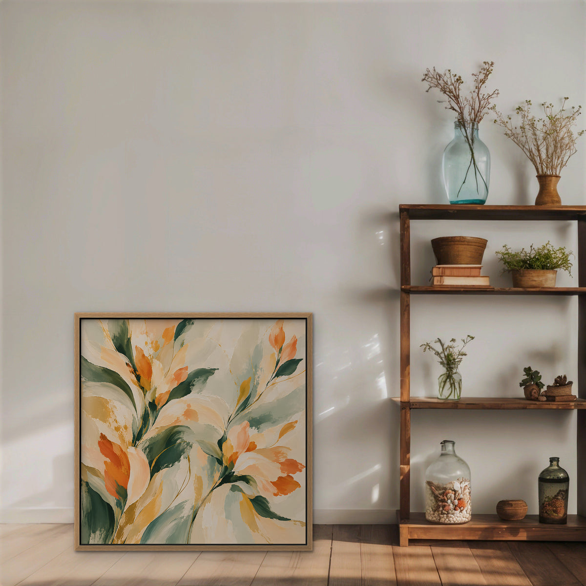 Peach and Sage Blossoms Canvas Art - Square – Oak Floating Frame in room setting