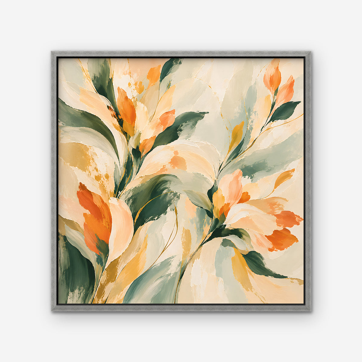 Peach and Sage Blossoms Canvas Art - Square – Silver Floating Frame on white background