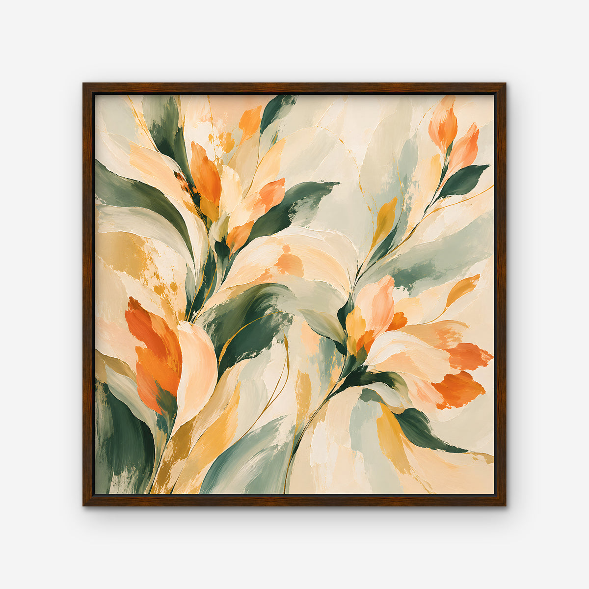 Peach and Sage Blossoms Canvas Art - Square – Walnut Floating Frame on white background