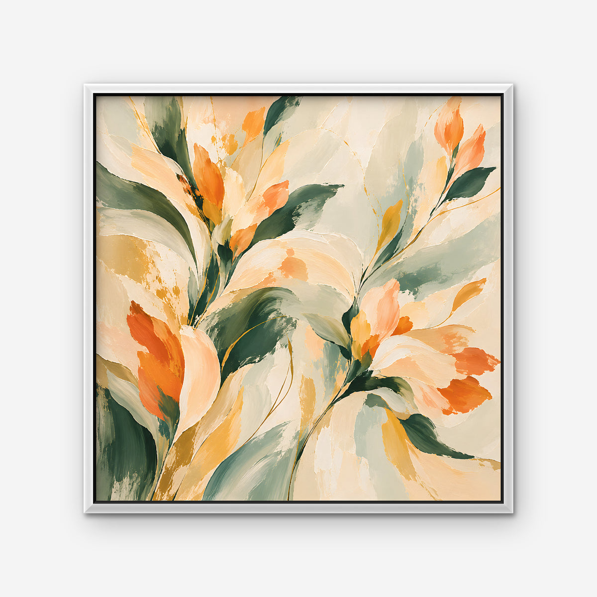 Peach and Sage Blossoms Canvas Art - Square – White Floating Frame on white background