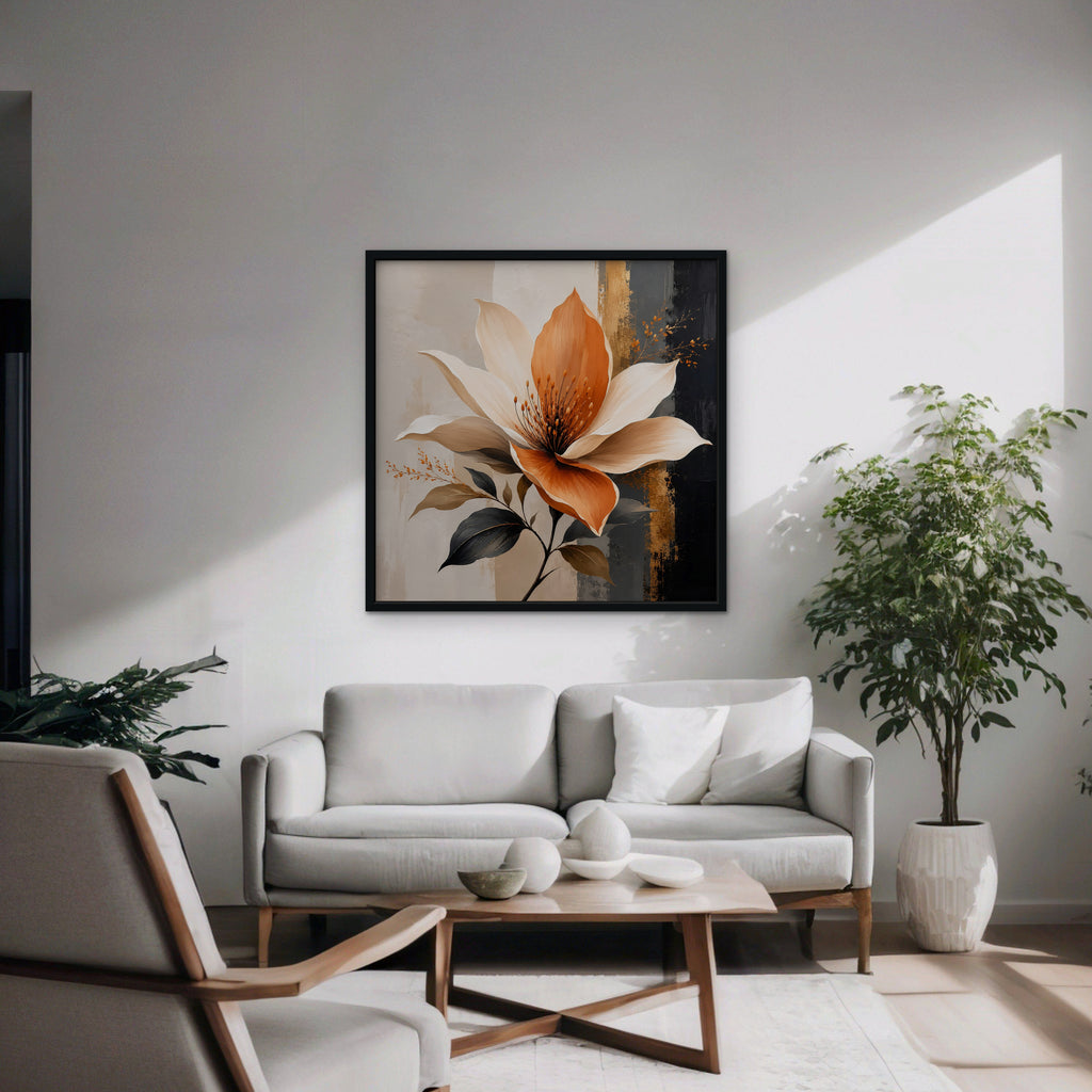 Peach Magnolia Canvas Art - Square – Black Floating Frame in room setting