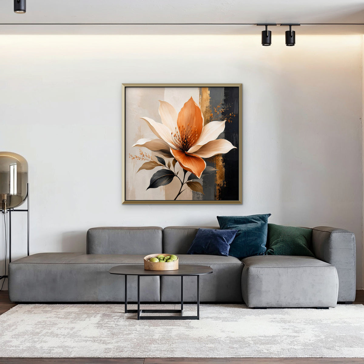 Peach Magnolia Canvas Art - Square – Gold Floating Frame in room setting