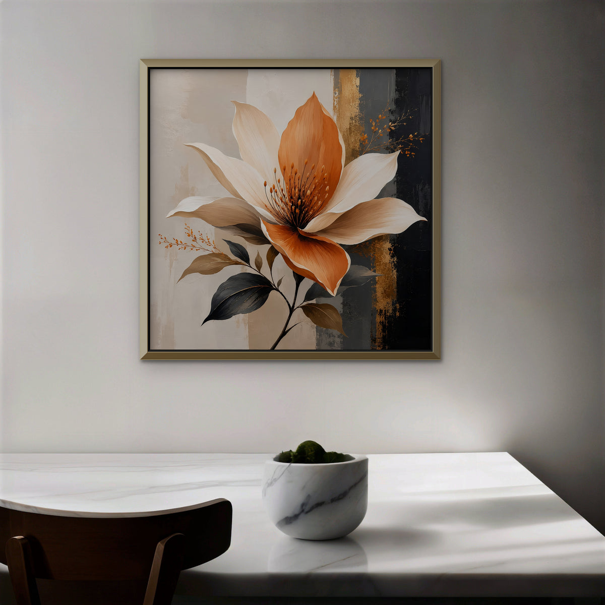 Peach Magnolia Canvas Art - Square – Gold Floating Frame in room setting