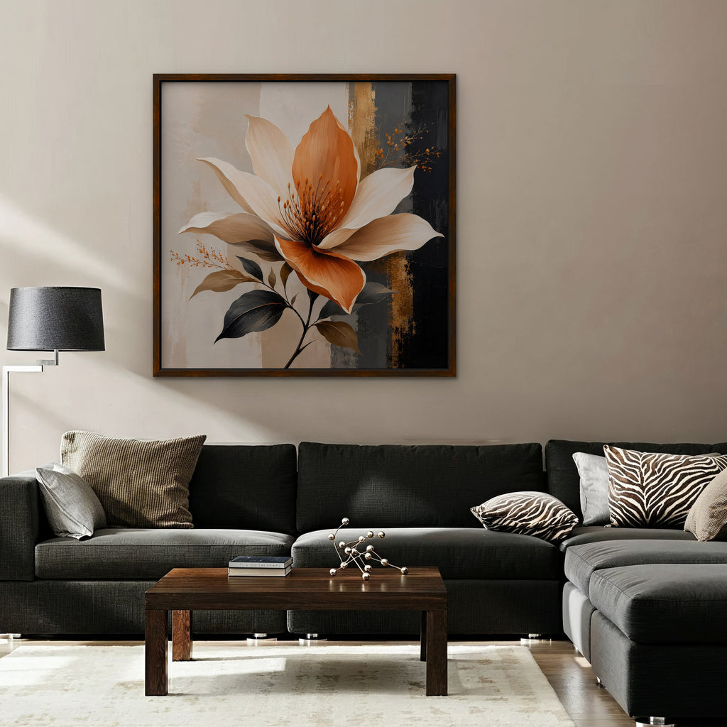 Peach Magnolia Canvas Art - Square – Walnut Floating Frame in room setting