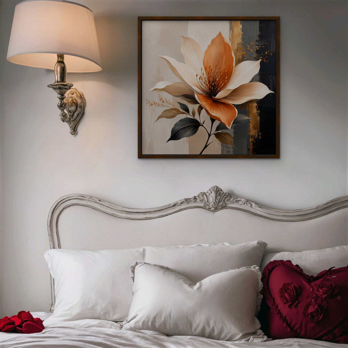 Peach Magnolia Canvas Art - Square – Walnut Floating Frame in room setting
