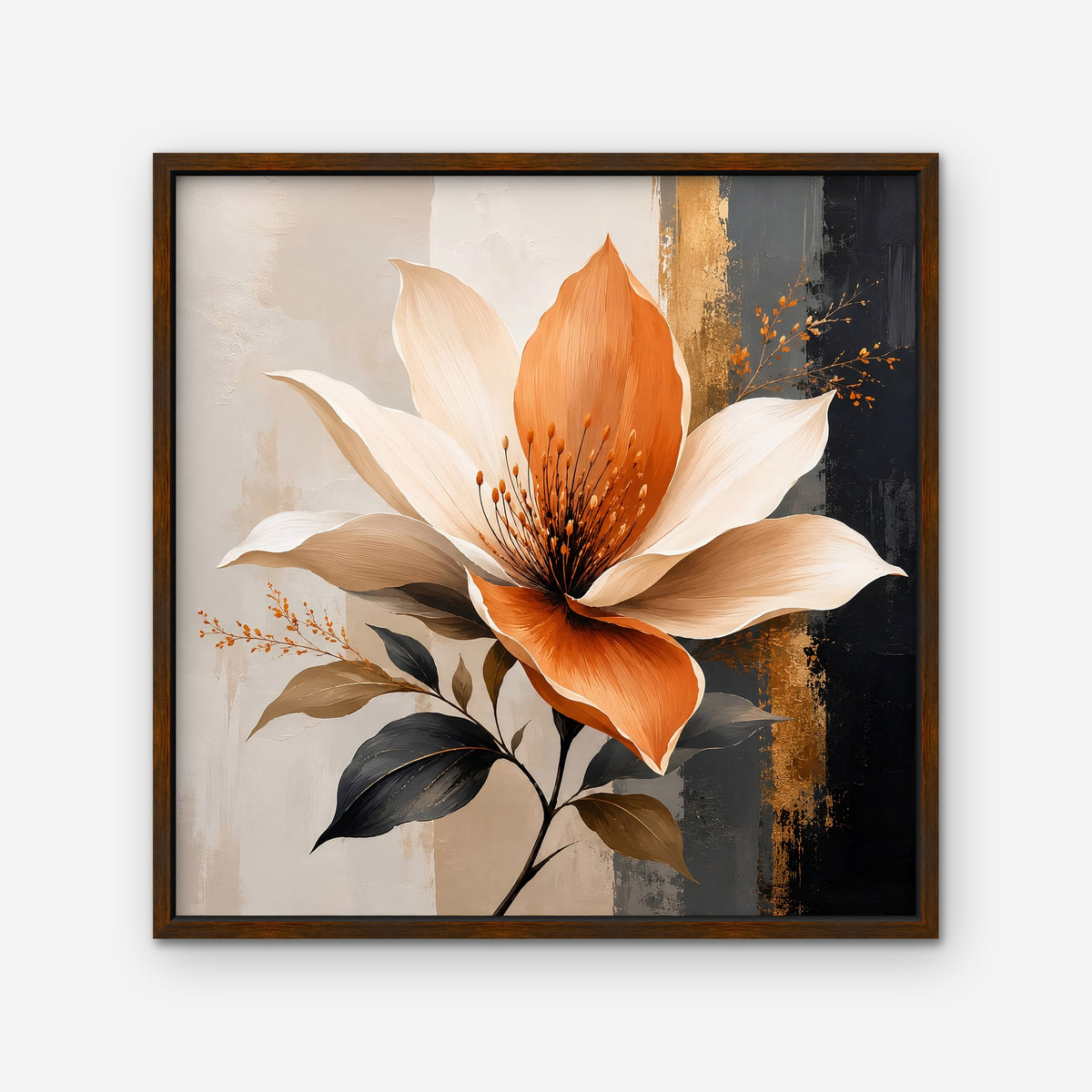 Peach Magnolia Canvas Art - Square – Walnut Floating Frame on white background