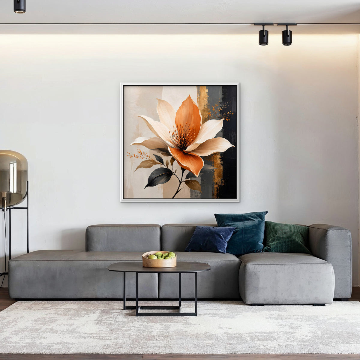 Peach Magnolia Canvas Art - Square – White Floating Frame in room setting
