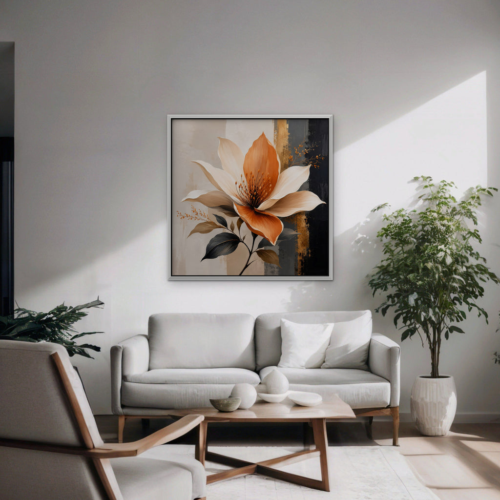 Peach Magnolia Canvas Art - Square – White Floating Frame in room setting