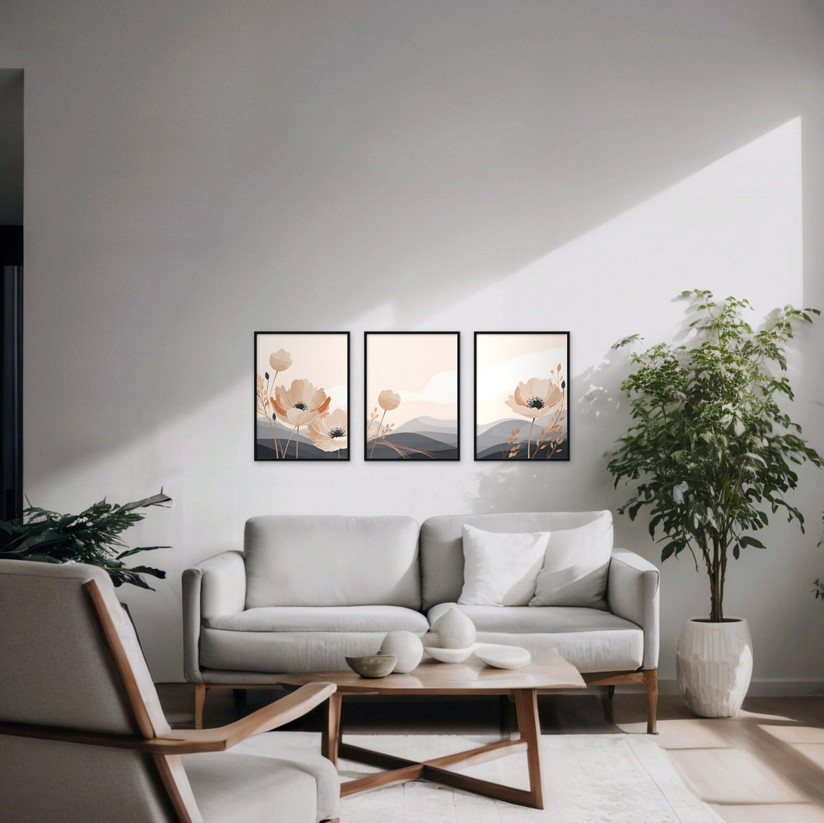 Peach Poppy Hills Canvas Art - Set of 3 – Black Floating Frame in room setting