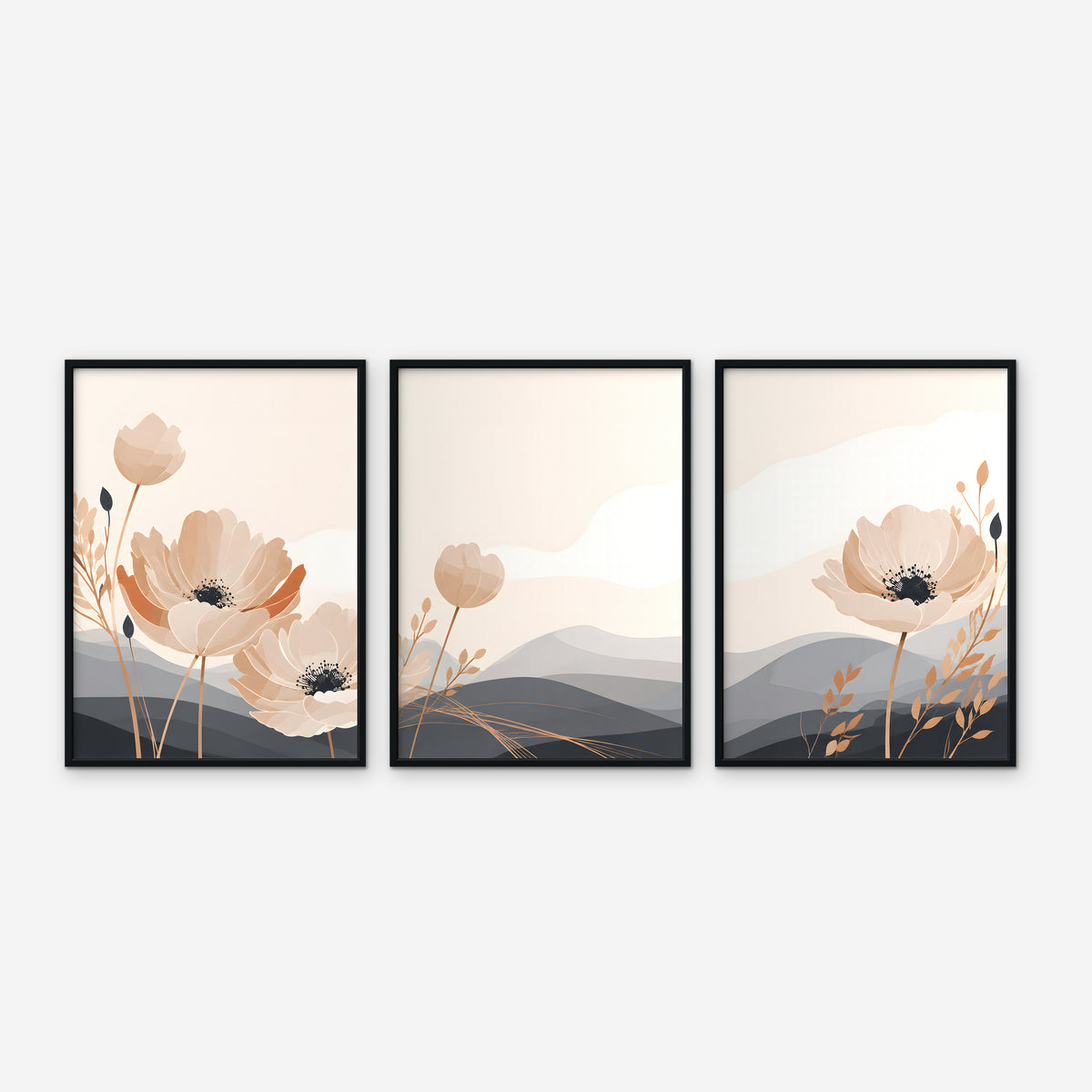 Peach Poppy Hills Canvas Art - Set of 3 – Black Floating Frame on white background