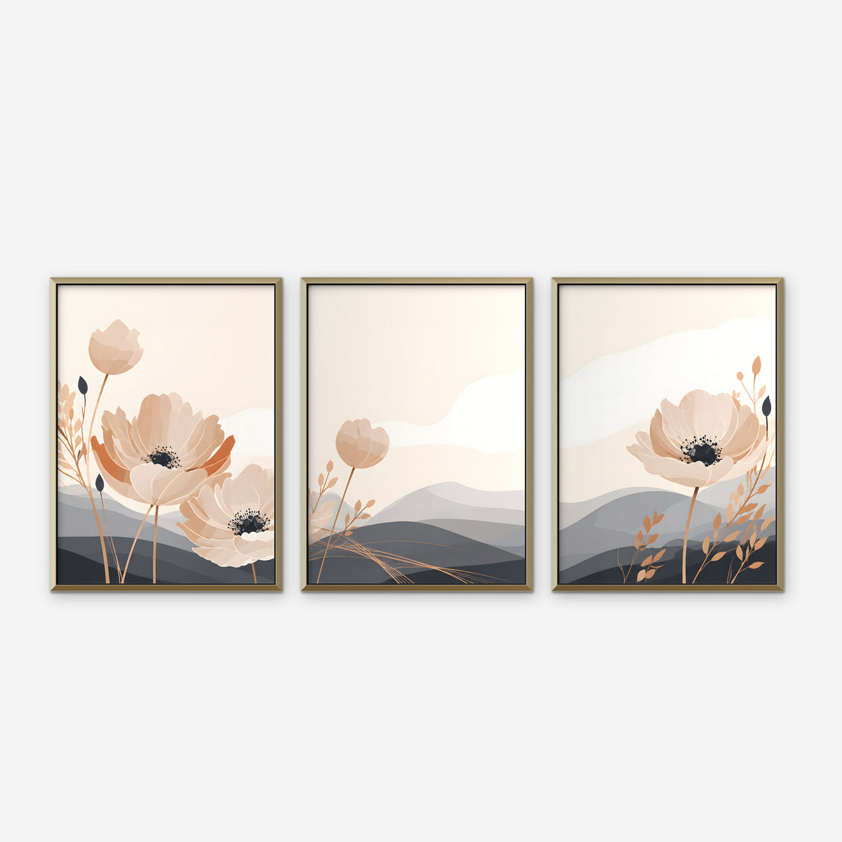 Peach Poppy Hills Canvas Art - Set of 3 – Gold Floating Frame on white background