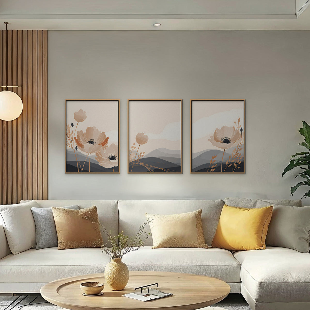 Peach Poppy Hills Canvas Art - Set of 3 – Oak Floating Frame in room setting
