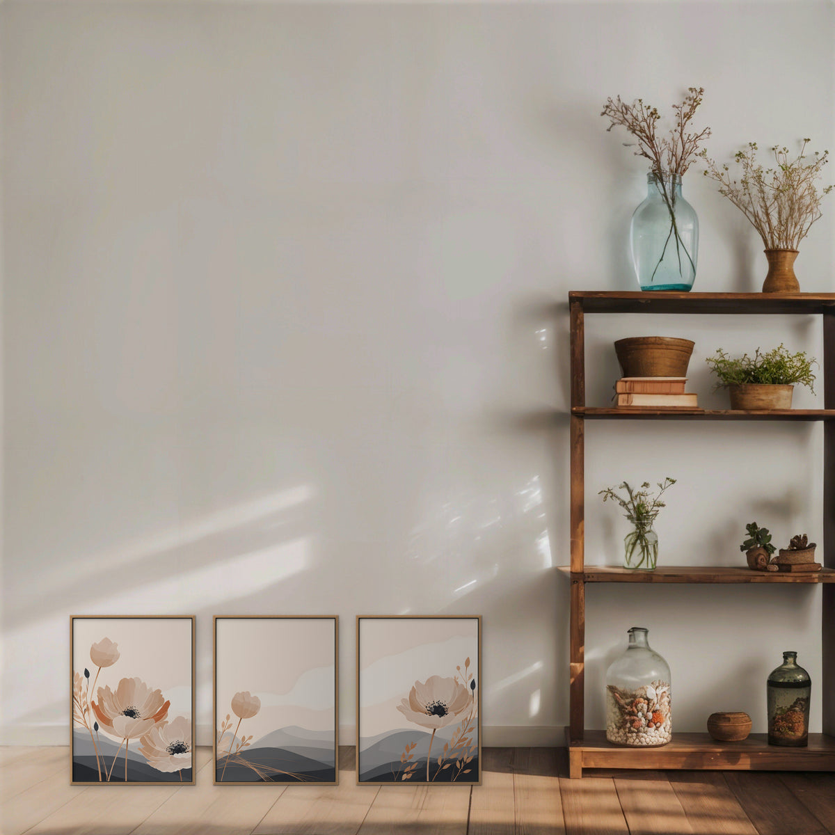Peach Poppy Hills Canvas Art - Set of 3 – Oak Floating Frame in room setting