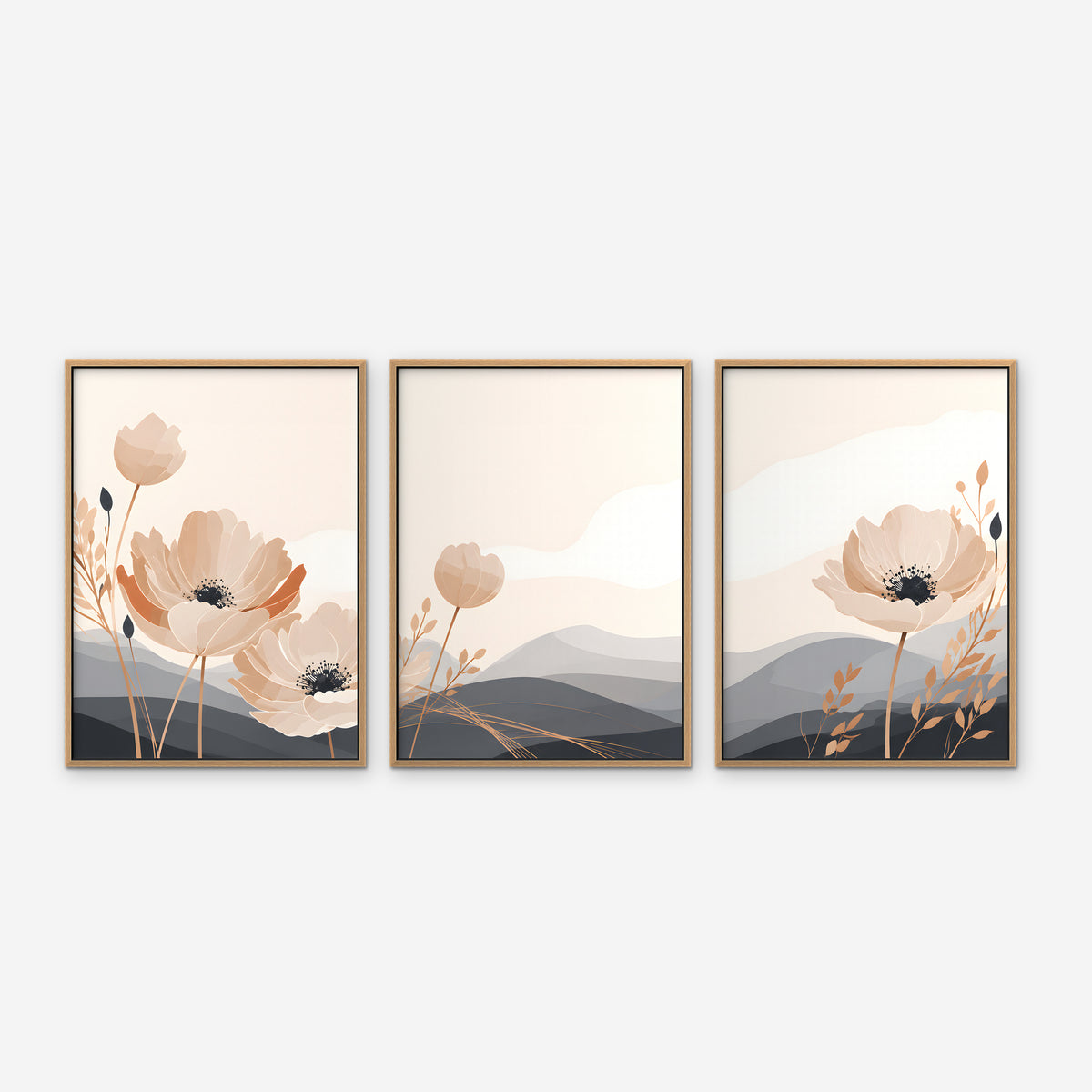 Peach Poppy Hills Canvas Art - Set of 3 – Oak Floating Frame on white background
