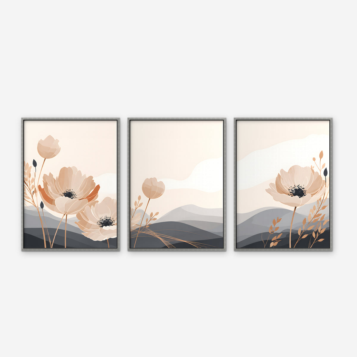 Peach Poppy Hills Canvas Art - Set of 3 – Silver Floating Frame on white background