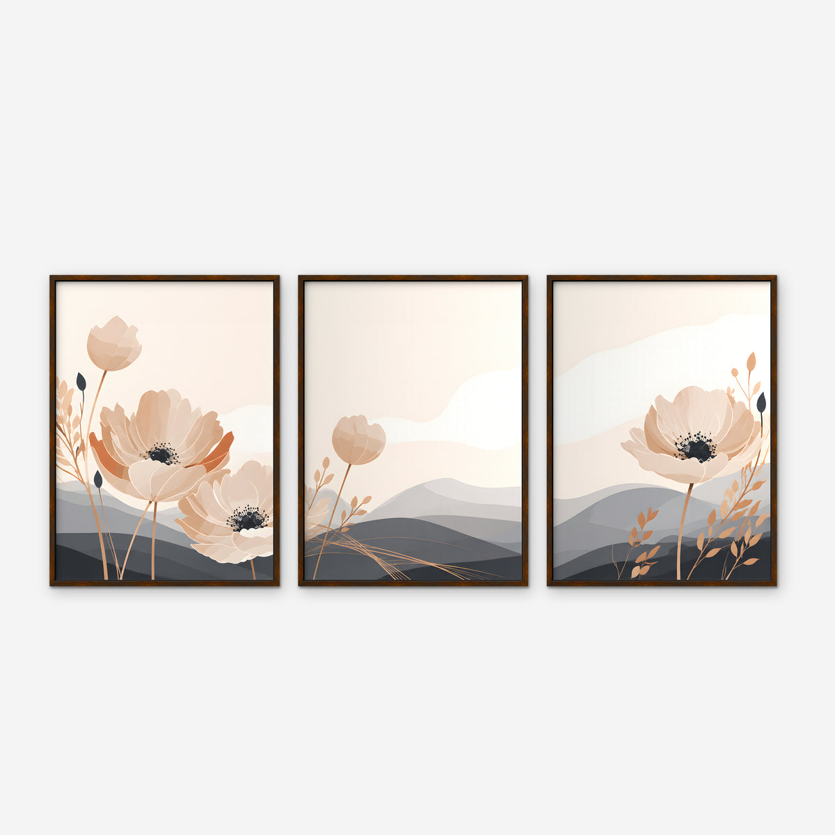 Peach Poppy Hills Canvas Art - Set of 3 – Walnut Floating Frame on white background