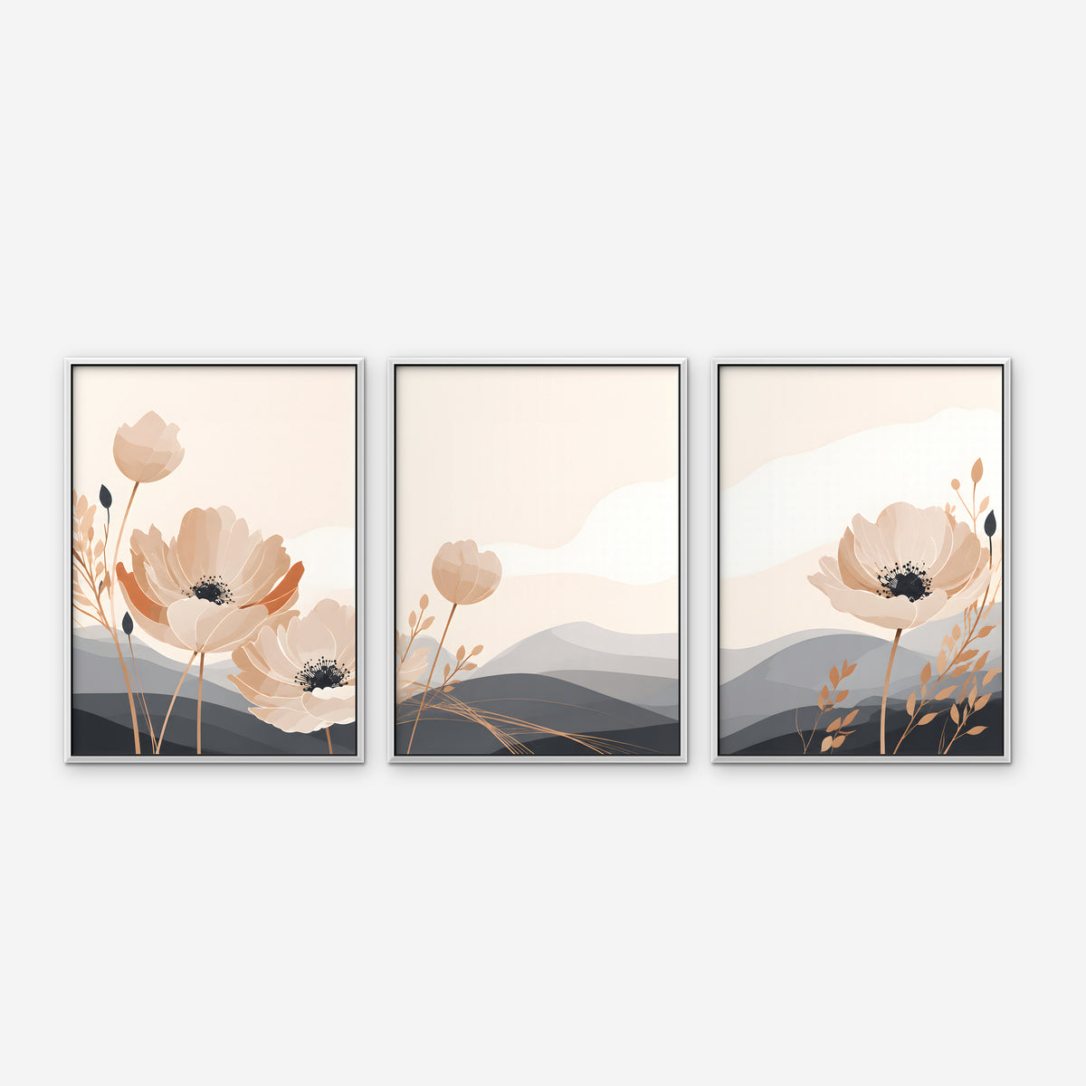 Peach Poppy Hills Canvas Art - Set of 3 – White Floating Frame on white background