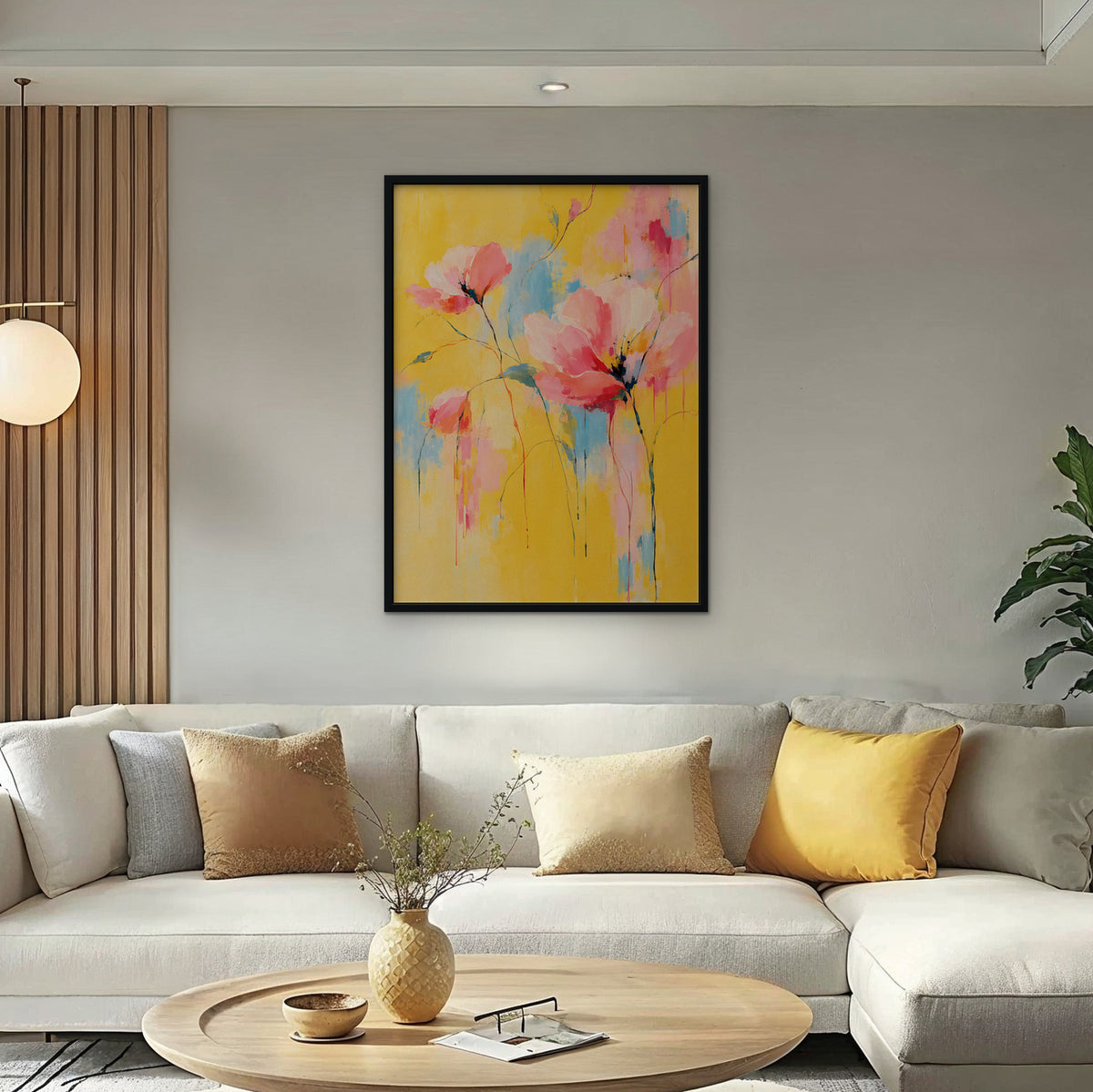 Pink Poppies on Yellow Canvas Art - Vertical – Black Floating Frame in room setting