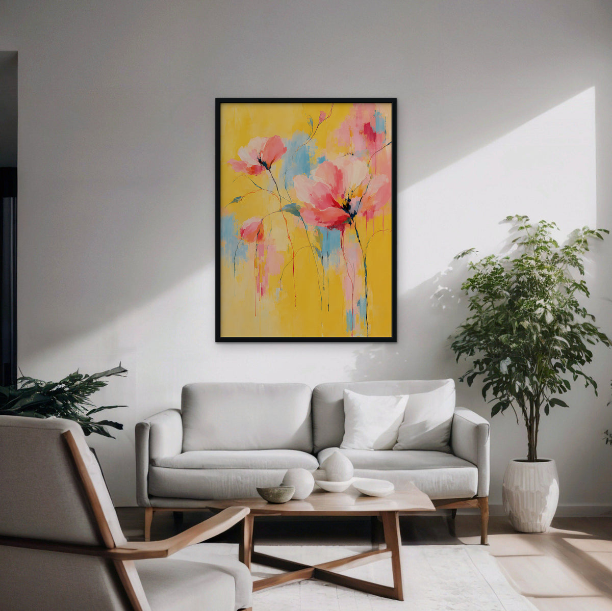 Pink Poppies on Yellow Canvas Art - Vertical – Black Floating Frame in room setting