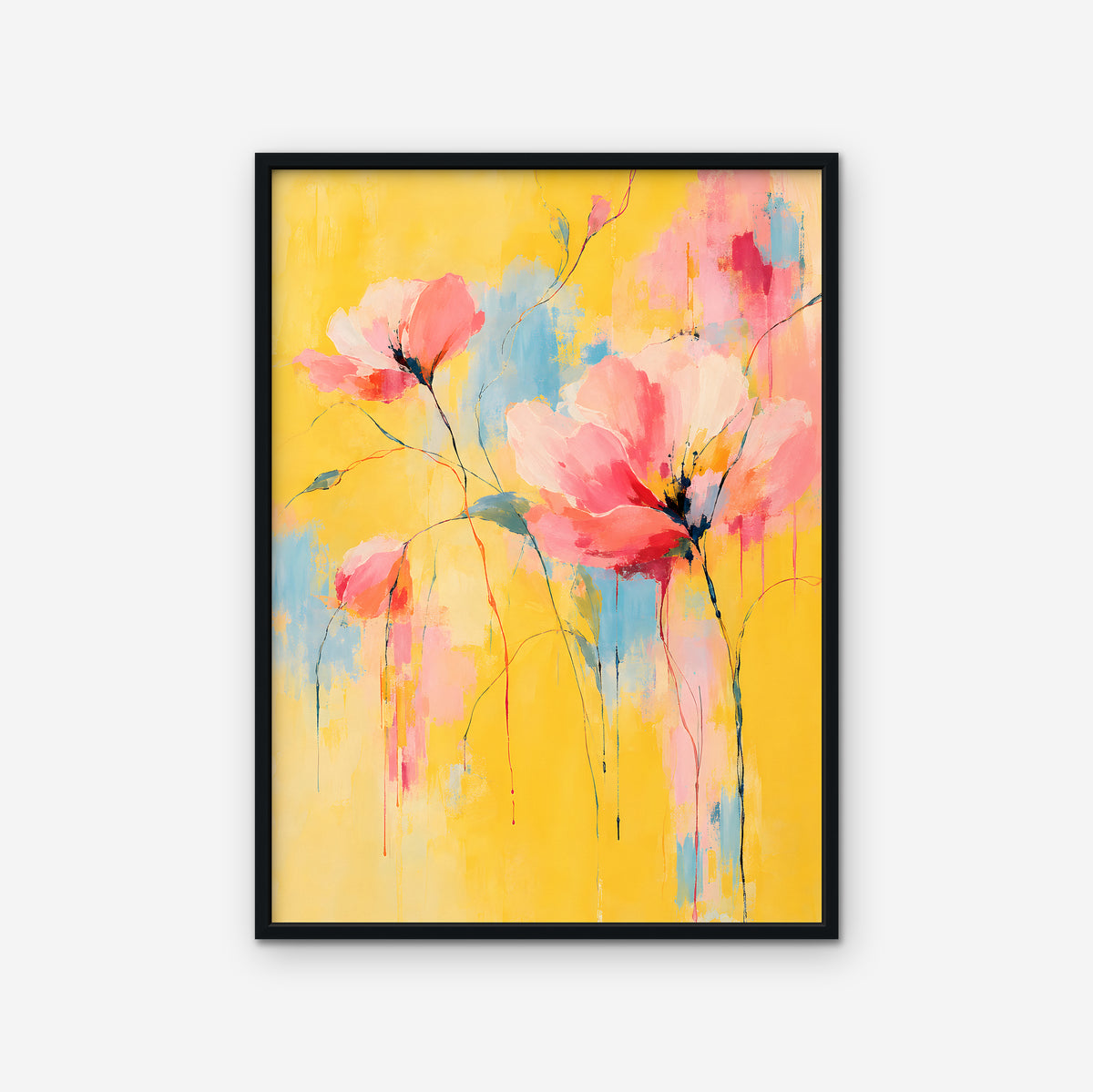 Pink Poppies on Yellow Canvas Art - Vertical – Black Floating Frame on white background