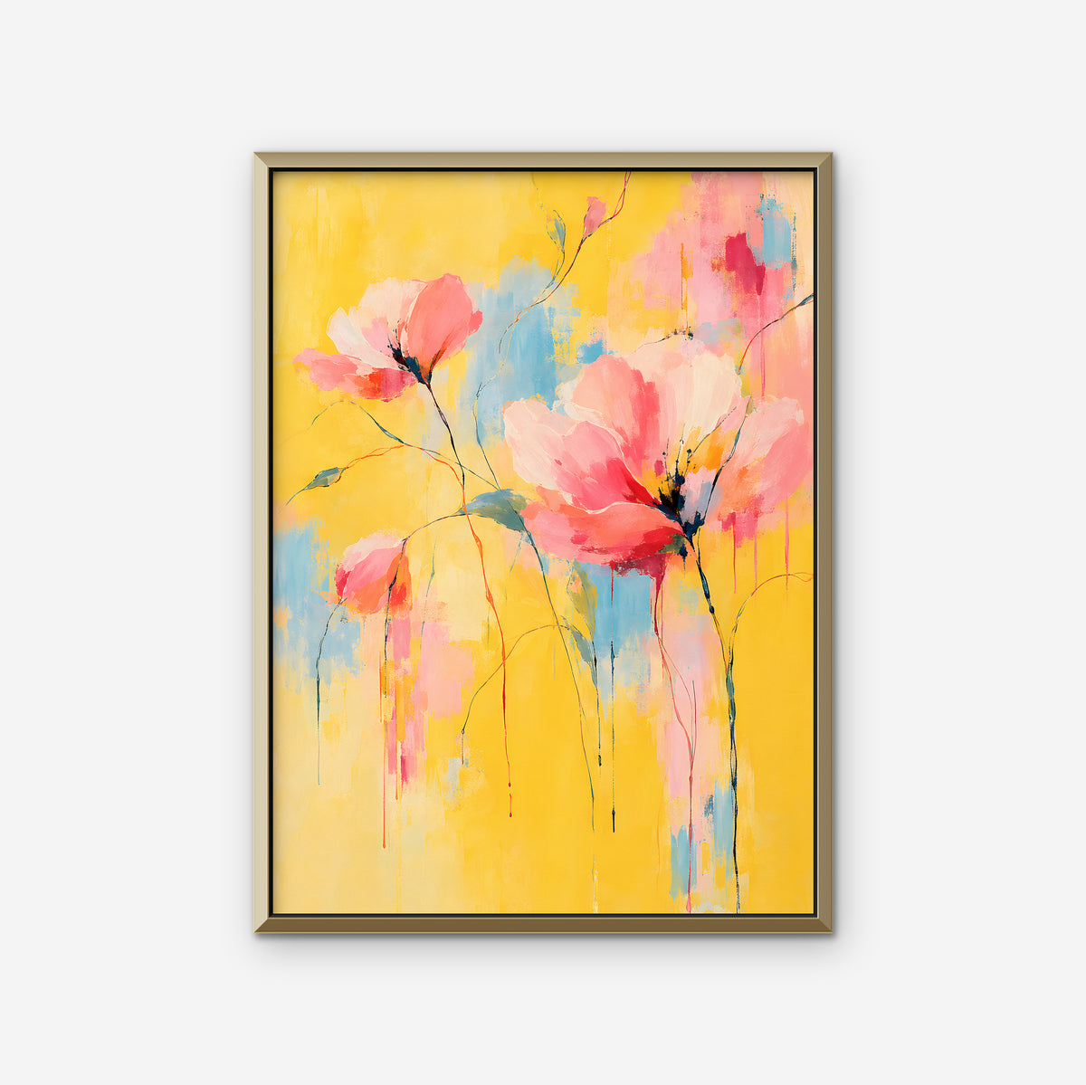 Pink Poppies on Yellow Canvas Art - Vertical – Gold Floating Frame on white background