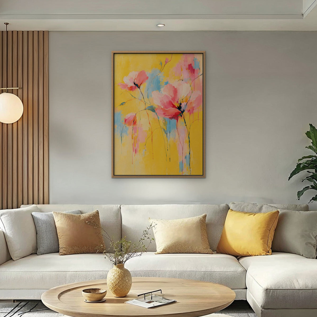 Pink Poppies on Yellow Canvas Art - Vertical – Oak Floating Frame in room setting