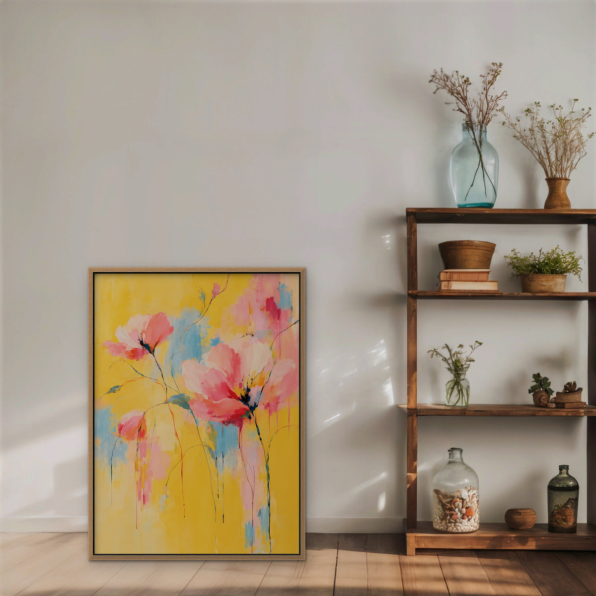 Pink Poppies on Yellow Canvas Art - Vertical – Oak Floating Frame in room setting