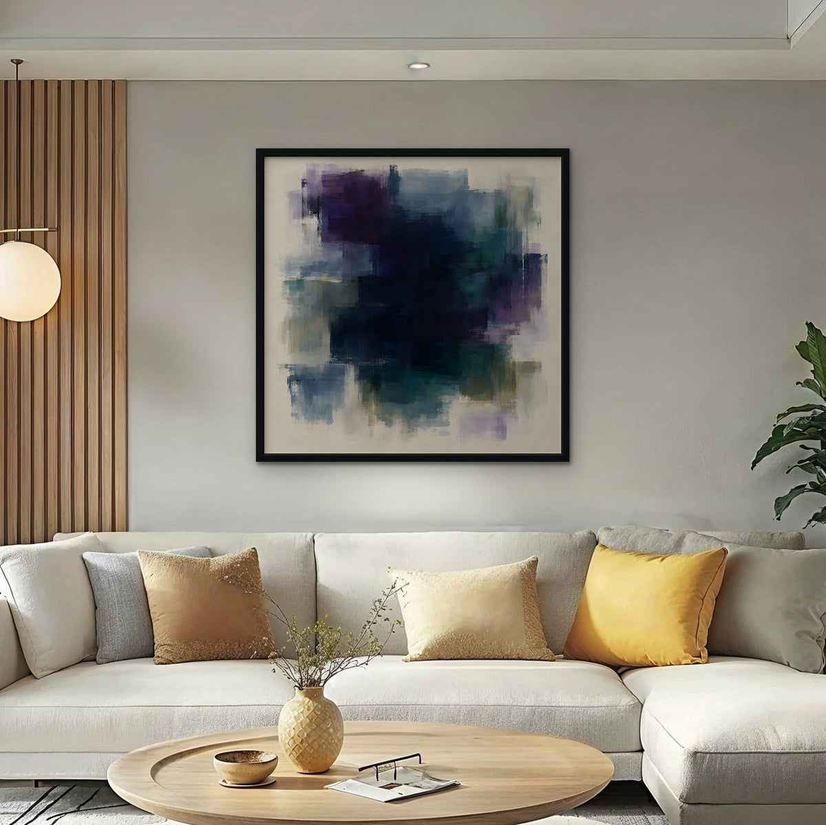 Plum and Navy Haze Canvas Art - Square – Black Floating Frame in room setting