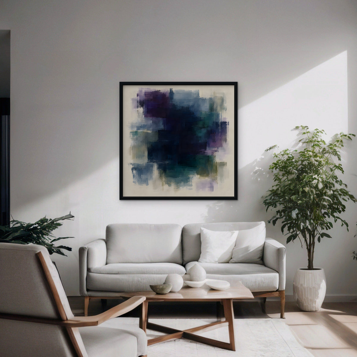 Plum and Navy Haze Canvas Art - Square – Black Floating Frame in room setting