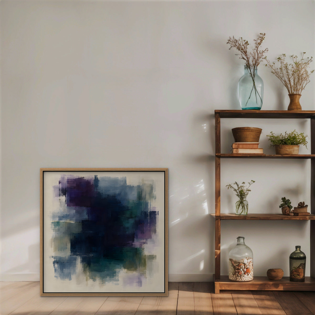 Plum and Navy Haze Canvas Art - Square – Oak Floating Frame in room setting