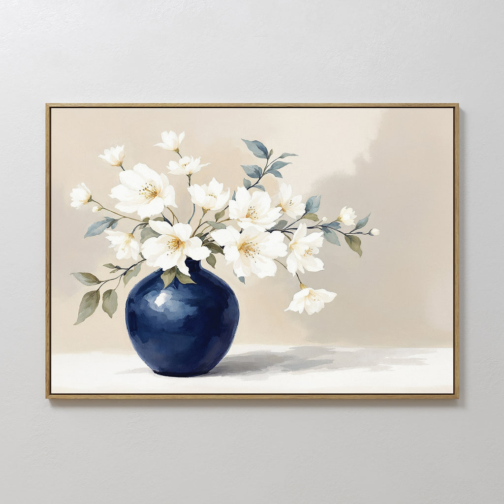 Whispering Petals in Midnight Bloom – blue botanical canvas wall art print by Aspire Prints