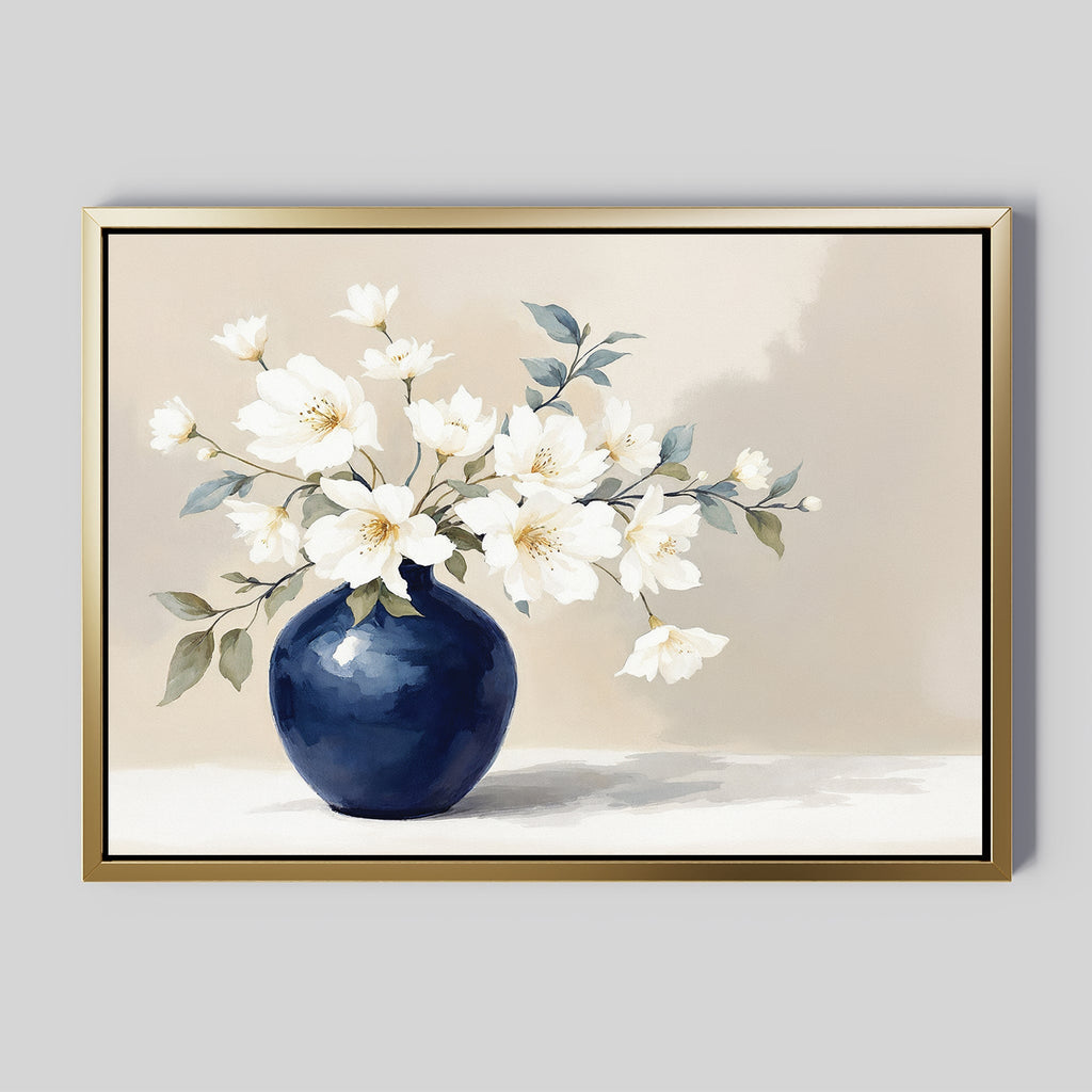 Whispering Petals in Midnight Bloom – blue botanical canvas wall art print by Aspire Prints