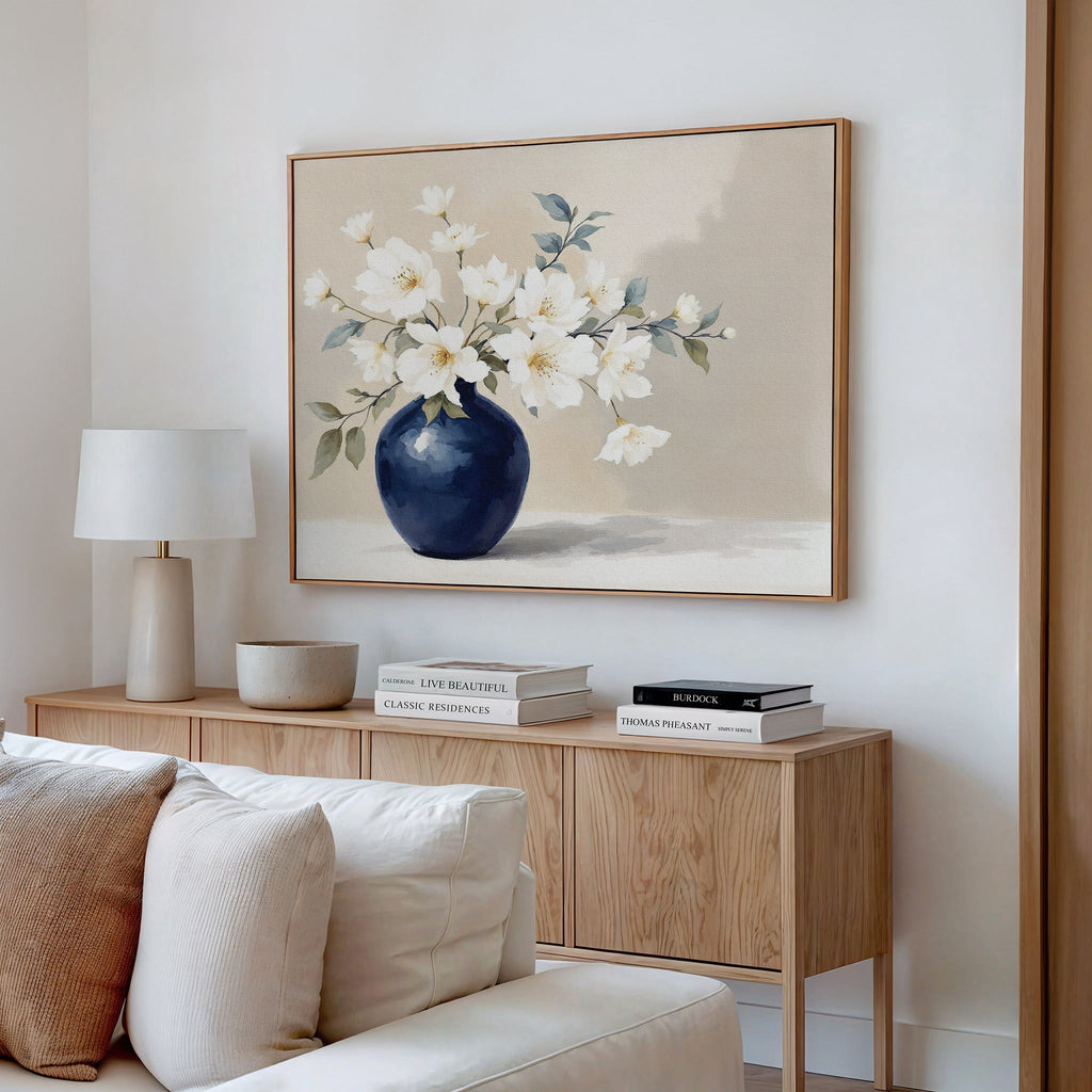 Whispering Petals in Midnight Bloom – blue botanical canvas wall art print by Aspire Prints