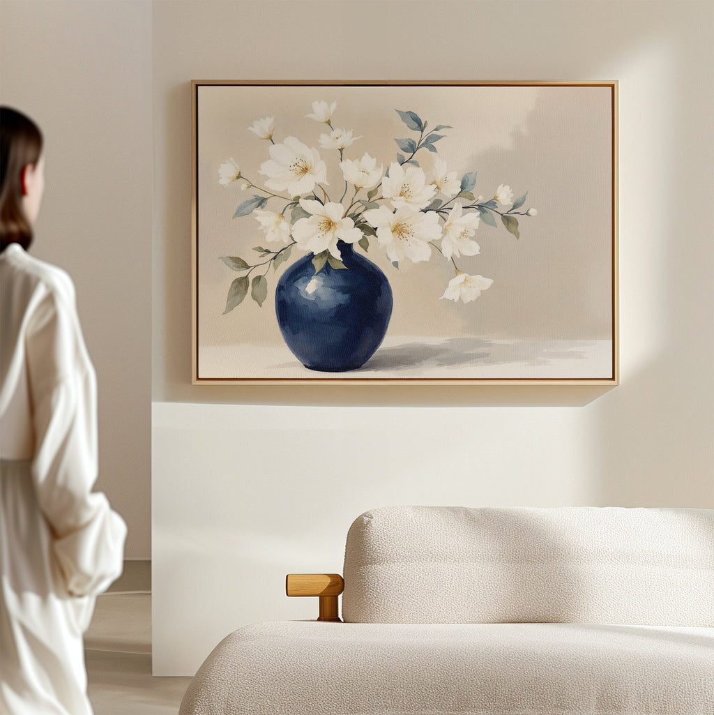 Whispering Petals in Midnight Bloom – blue botanical canvas wall art print by Aspire Prints