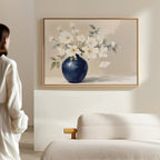Whispering Petals in Midnight Bloom – blue botanical canvas wall art print by Aspire Prints