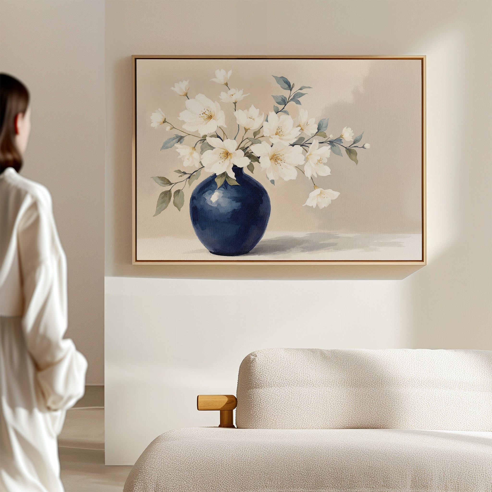 Whispering Petals in Midnight Bloom – blue botanical canvas wall art print by Aspire Prints