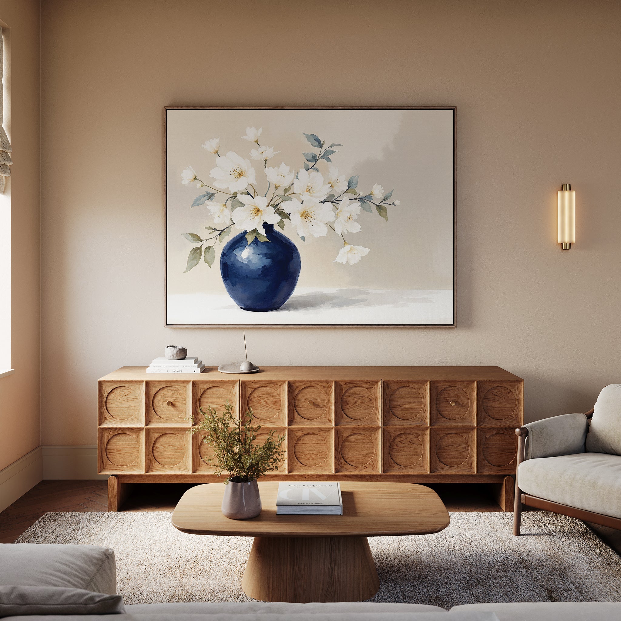 Whispering Petals in Midnight Bloom – blue botanical canvas wall art print by Aspire Prints