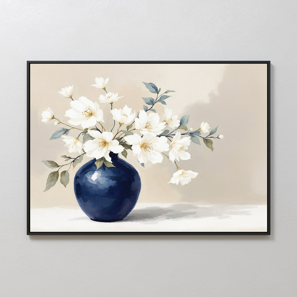 Whispering Petals in Midnight Bloom – blue botanical canvas wall art print by Aspire Prints