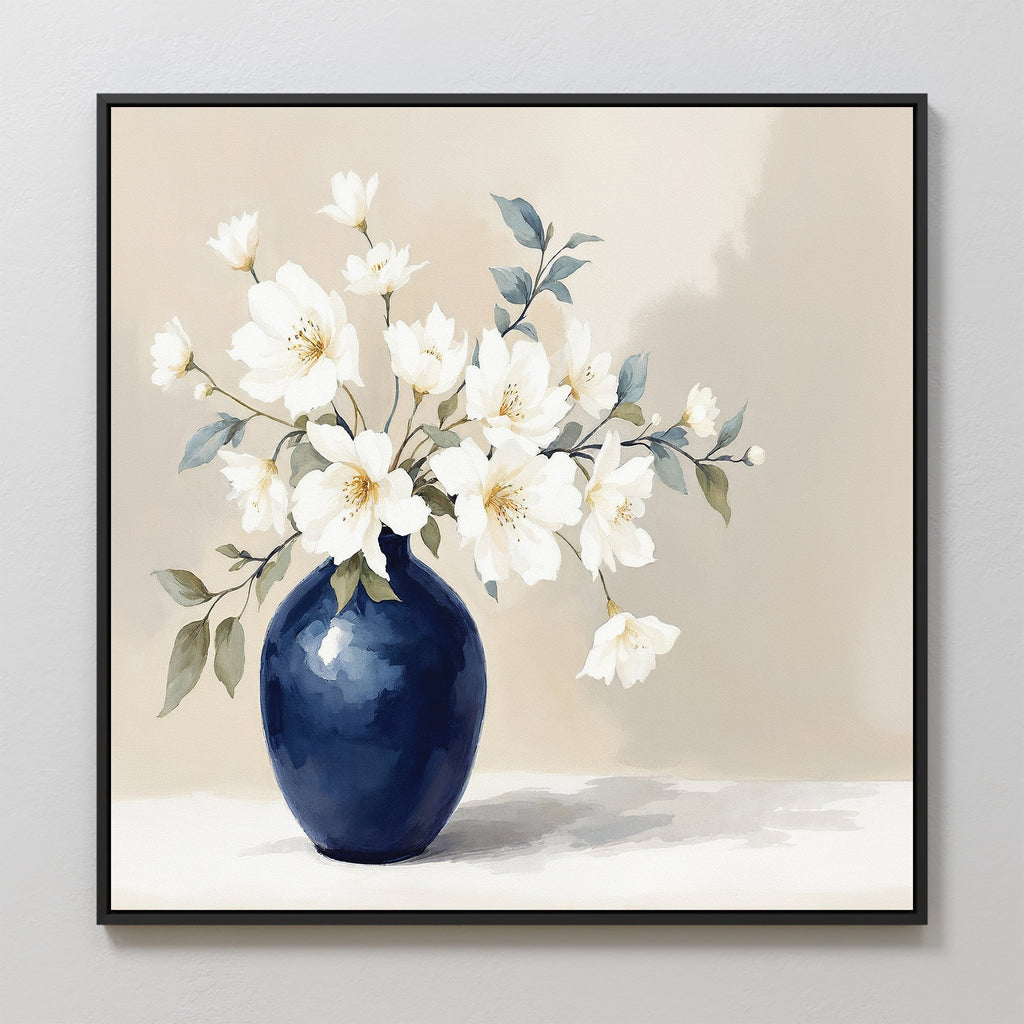 Whispering Petals in Midnight Bloom – blue botanical canvas wall art print by Aspire Prints