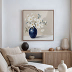 Whispering Petals in Midnight Bloom – blue botanical canvas wall art print by Aspire Prints