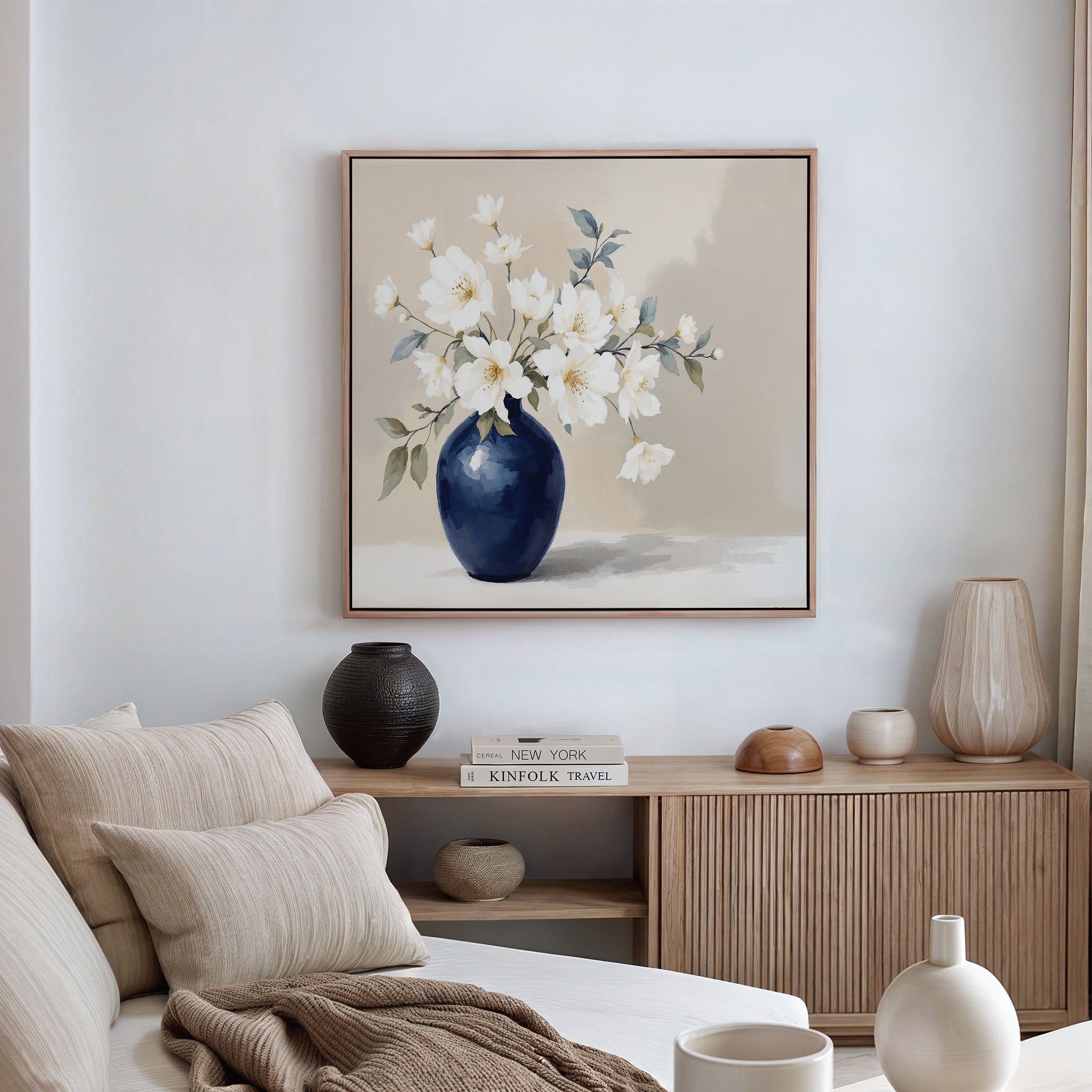 Whispering Petals in Midnight Bloom – blue botanical canvas wall art print by Aspire Prints