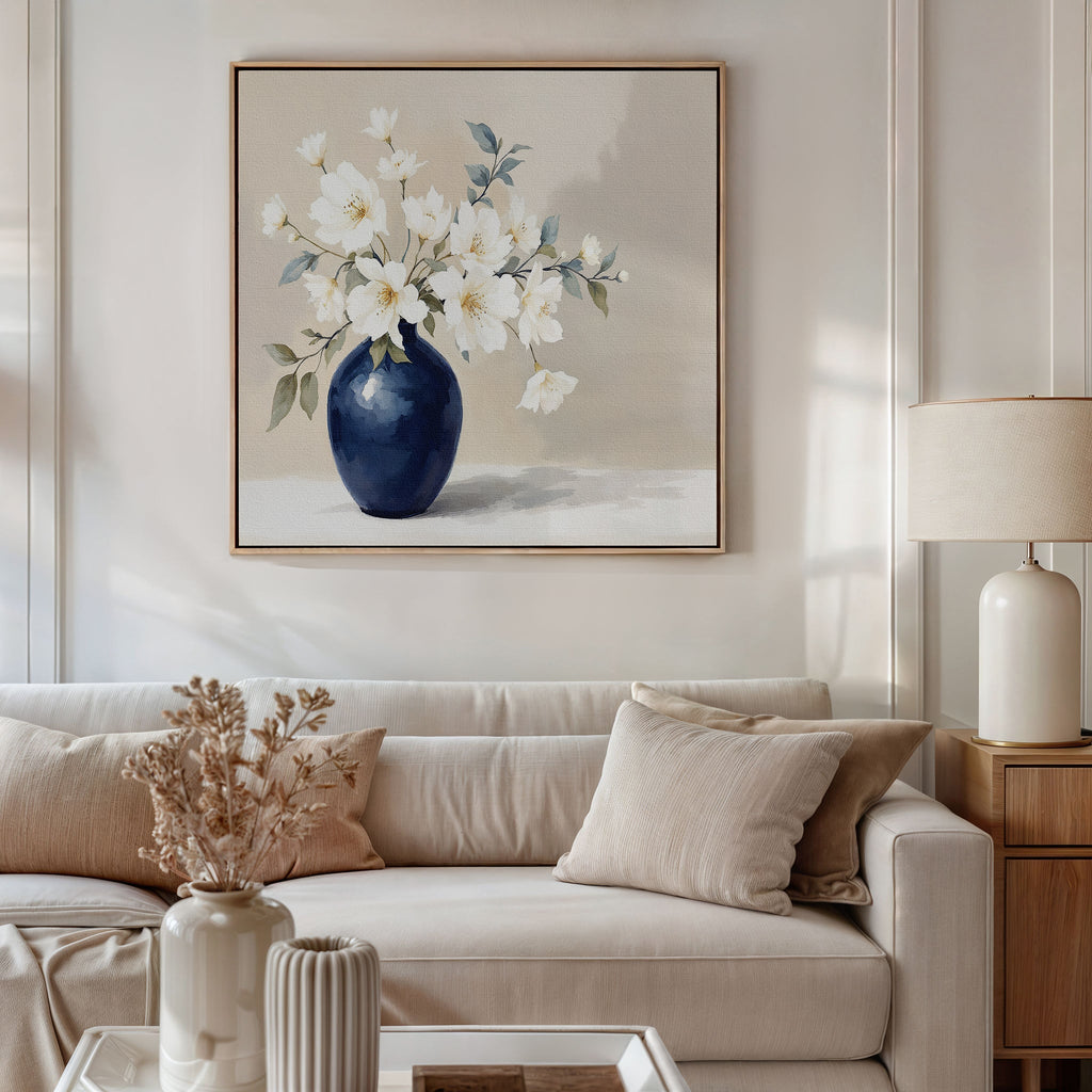 Whispering Petals in Midnight Bloom – blue botanical canvas wall art print by Aspire Prints