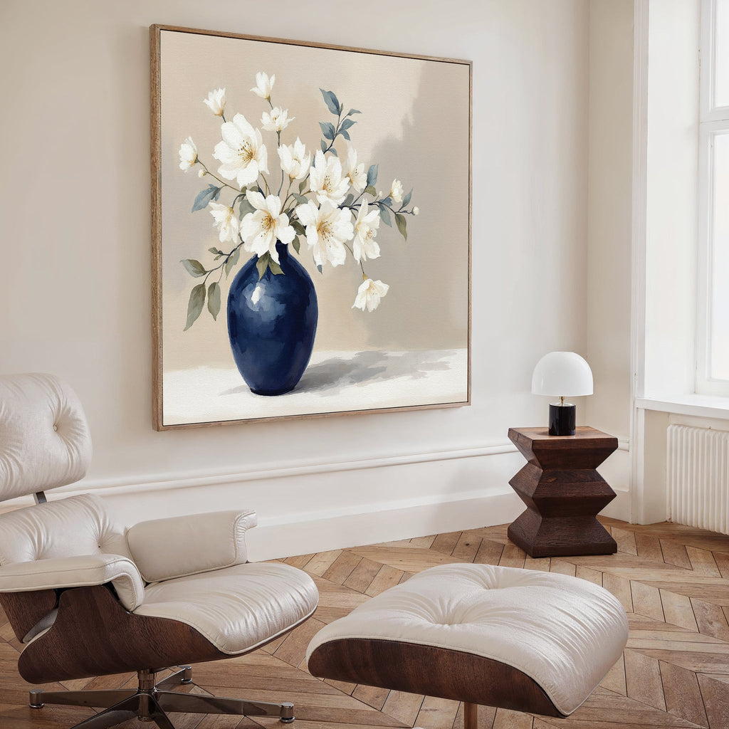 Whispering Petals in Midnight Bloom – blue botanical canvas wall art print by Aspire Prints
