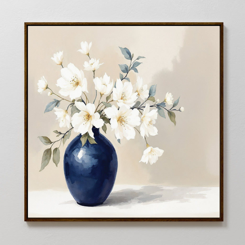 Whispering Petals in Midnight Bloom – blue botanical canvas wall art print by Aspire Prints