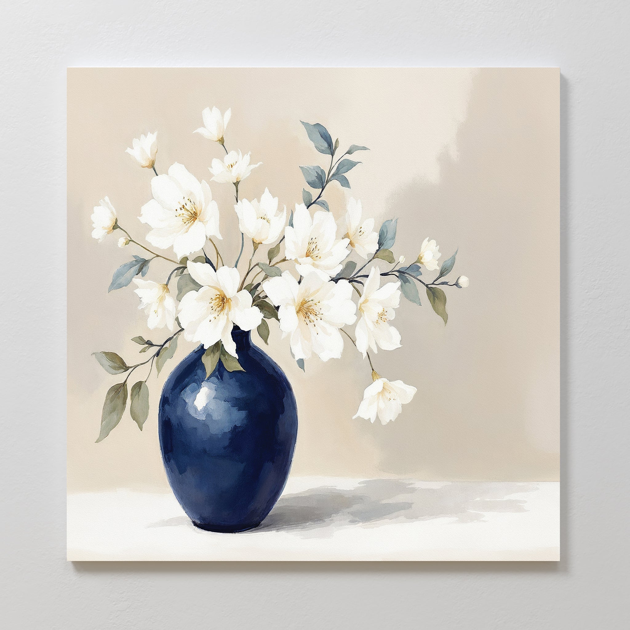 Whispering Petals in Midnight Bloom – blue botanical canvas wall art print by Aspire Prints