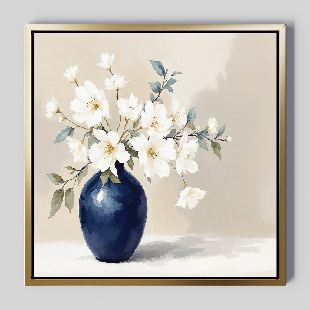 Whispering Petals in Midnight Bloom – blue botanical canvas wall art print by Aspire Prints
